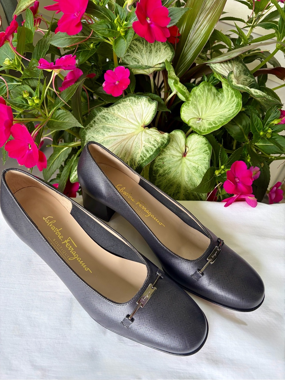 Salvatore Ferragamo Grey/Pewter Leather Mid Heel Pumps